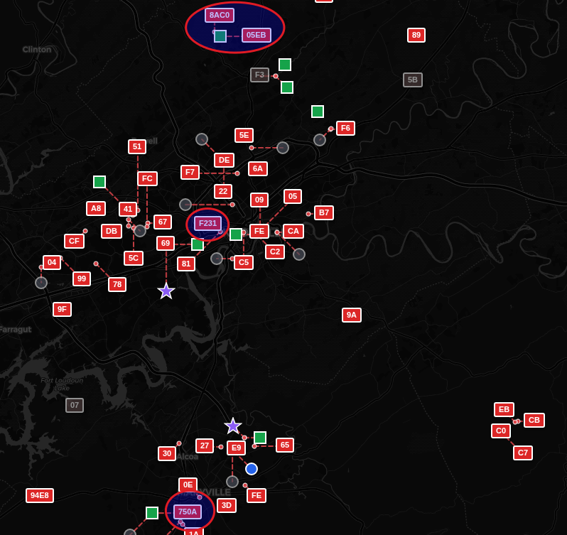 TennMesh Live static map showing repeaters with 4-character labels indicating 2-byte advert support