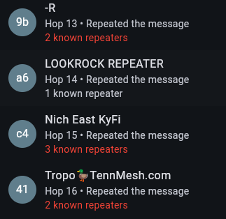 Screenshot showing multiple repeaters sharing the same path hash in MeshCore